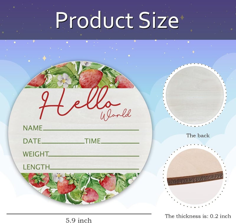 CLHHM Hello World Strawberry Theme Baby Name Sign Birth Announcement Plaque with Name Date Weight 6" Round Birch Wood Nursery Decor Newborn Hospital Keepsake Gift for Parents - Image 2